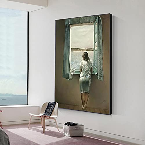 HOLEILUCK Salvador Dali Frau am Fenster, Gemälde, fertig zum Aufhängen, Drucke, schwarz gerahmte Wandkunstbilder für Wohnzimmerdekoration, 85 x 130 cm/33 x 51 Zoll mit schwarzem Rahmen