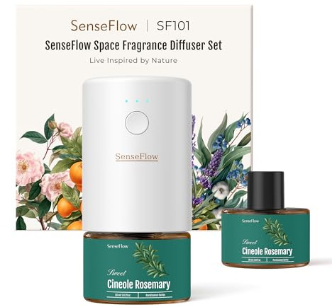 SenseFlow Aroma Diffuser für Ätherische Öle SF101, Wasserloser Ultraschall Duftstecker Raumduft, 100% pflanzlich Lufterfrischer, 120-Tage Aroma für Zuhause - bis zu 100 m² - Cineol Rosmarin
