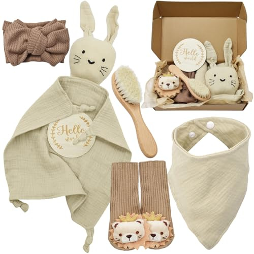 YTACREA Regalo Bebe Recien Nacido, Paño de Mimos Doudou Muselina para Niña o Niño, Regalos de Nacimiento con Babero, Cepillo, Tarjetas de Hitos, Calcetines, Bandana, Caqui