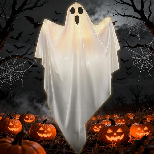 Halloween Deko Outdoor,90x60cm Halloween LED Geister Deko,Garten Windsäcke Geist,Hanging Lighted Glowing Ghost,Outdoor Windsäcke,für Party Terrasse Garten Veranda Patio Rasen Vorgarten