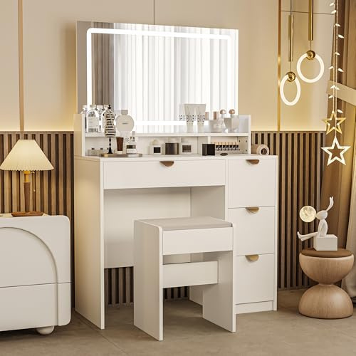 NMCXO Coiffeuse avec Miroir,Table de Maquillage avec LED,Coiffeuse multifonctionnelle avec USB,Tabouret,4 Tiroirs,3 Compartiments et Support,Commode Style Moderne,Blanc