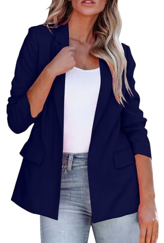 Blazers for Women UK Casual Long Ruched Sleeve Suit Plain Open Jackets Office Formal Suits with Pockets Button for Ladies Notched Lapel Workwear Elegant Classic Formal Work Office Navy