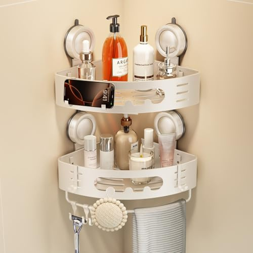 Voldra Duschablage Ohne Bohren, Duschregal Ecke Saugnapf Bogenförmiges Badezimmer Regal Wand Duschkorb mit Handtuchhalter Eckregal Bad Ablage Dusche Metall Regal Duschkorb Ohne Bohren(2 Stück, Weiß)