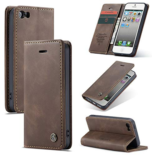 Phernykas Wallet Case for iPhone 5/iPhone 5S, Coffee | Note Pocket 2-in-1 Faux Leather Flip Wallet Case – Magnetic Clasp, Built-in Kickstand, 2 Card Slots, Velvet-Soft Touch