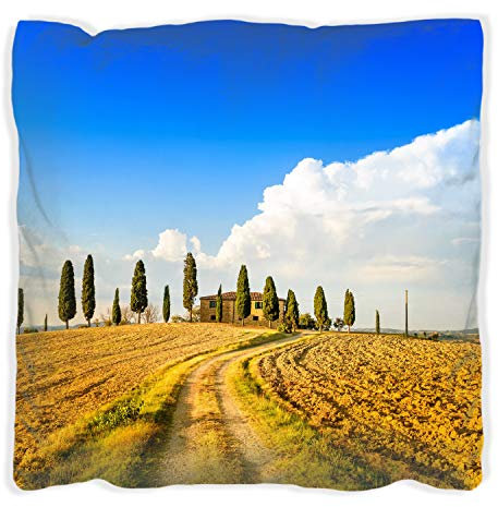 Wallario Dekokissen 30 x 30 cm mit weißer Rückseite, Italien - Toskana unter blauem Himmel einsame Farm, Kuschelkissen mit weicher Plüsch-Oberfläche