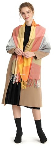 Miss Lulu Damen Schal Winter, weich warm kariert Oversized, Schottenkaro Wolle, lange gedrehte Fransen Stola, Deckenschal für Damen (Mandarinengelb)