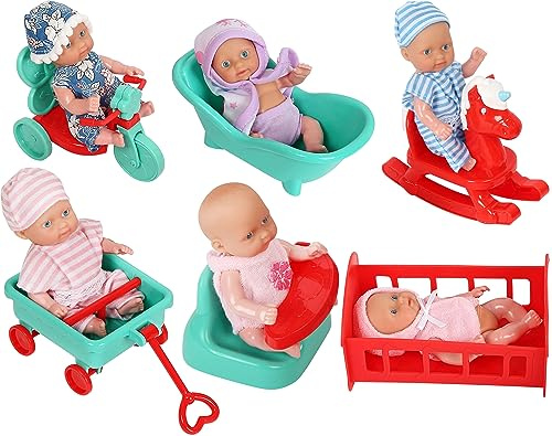 fash n kolor, 6 Mini Doll Set - 5 Inch Baby Girl Toy - Princess Toys Dolls - Baby Doll Crib, High Chair, Bathtub, Horse See Saw, Wagon and Bike Accessories - Dolls for 3+ Year Old Girls