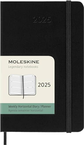 Moleskine Weekly Planner, Agenda Settimanale Orizzontale 12 Mesi 2025, Copertina Rigida e Chiusura Elastica, Colore Nero, Formato Pocket 9x14 cm