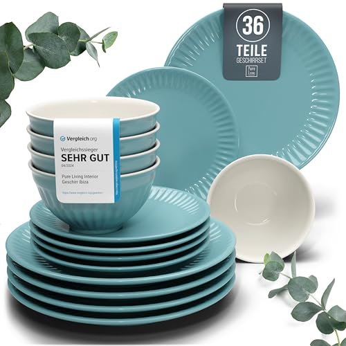 36-Piece Dinnerware Set - Bowl and Plate Set - Stoneware Dining Set for 12 People - Dishwasher and Microwave Safe - Grooved Dining Service in Green