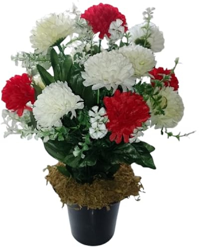 MaxJam Memorial Grave Crem Pot Artificial Arrangement Red Ivory Chrysanthemum with Moss for Graveside Cemetery Crematorium Gift for Birthday Mother's Day