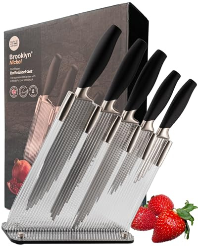 Taylors Eye Witness 5pc Brooklyn Knife Block Set - Sharp & Durable Precision Kitchen Knives with Nickel Finish Bolster. Reeded Storage Block Includes Chef, Bread, Carving, All Purpose & Paring Knives