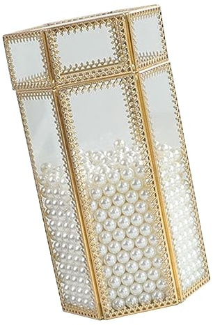 PLAFOPE Organisateur Transparent Verre pour Pinceaux de Maquillage avec Couvercle Anti-poussière Seau de Rangement Cosmétique avec Perles Décoratives Anniversaire et Noël