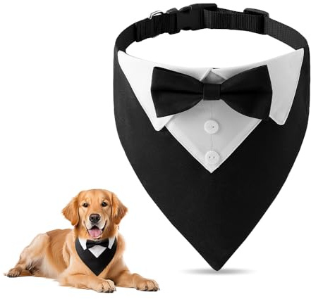 SZMK Bandana per Cani 36-60 CM,Collare Smoking Cane Regolabile con Foulard e Papillon,Cravatta Cane Sciarpa Formale,Costume Elegante per Animale Domesticoper Matrimoni, Compleanni, Festa - Nero
