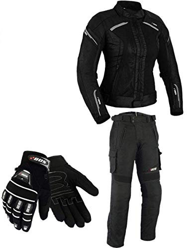 BOSmoto DAMEN MOTORRADKOMBI JACKE + HOSE + HANDSCHUHEN - BIKE MOTORRAD ROCKER TOURING in verschiedenen farben (M, Schwarz)