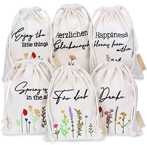 Papierdrachen 6 Leinensäckchen mit Bestickung - Osterverpackung Geschenkverpackung Tischdeko - Stoffsäckchen zu Ostern - Blümchen - 13x18 cm - Set 1