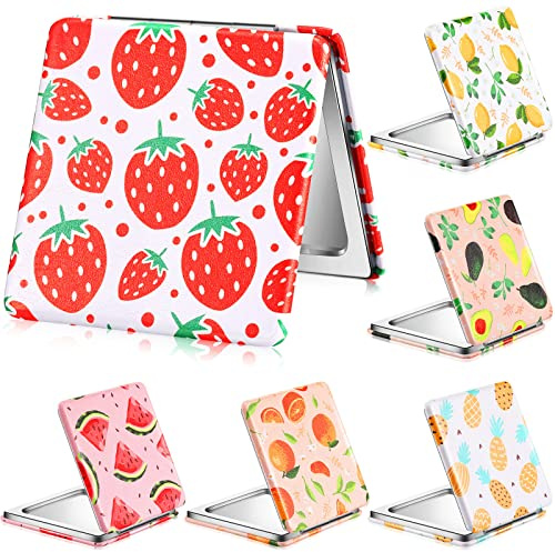 Vicenpal Compact Mirror Small Pocket Fruit Design Mini Magnifying Portable Makeup Compact PU Leather Double Sidepocket Mirror for Women Party Gift Baby Shower(Fruit Style)