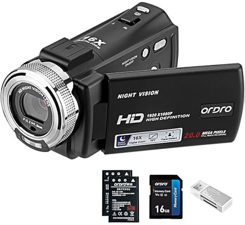 ORDRO V12 Videocamera Videocamera Full HD 1080P 30FPS Visione Notturna a Infrarossi Schermo LCD da 3,0 Pollici Zoom 16X Videocamere con Scheda SD da 16 GB Telecomando e 2 Batterie