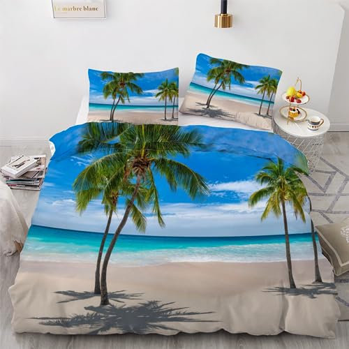 ROUSKI Bettwäsche Palme 135x200 cm 4teilig 100% Mikrofaser Kinderbettwäsche Tropisch Strand Wendebettwäsche mit Reißverschluss 3D Motiv Zimmer Dekor Bettwäsche-Sets mit 2 Kissenbezüge 80x80