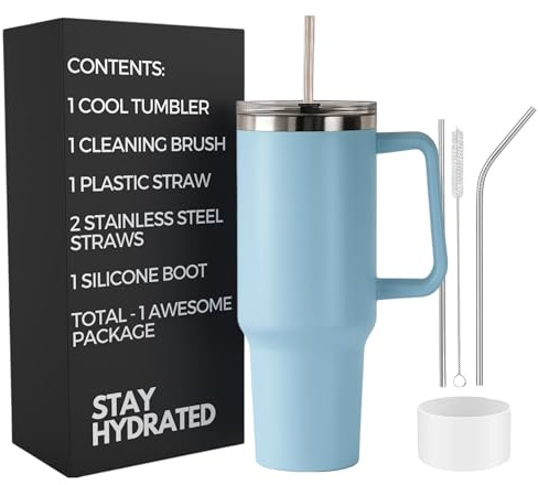 Re Tech UK - 40oz Tumbler with Straw and Lid + 2 Stainless Steel Straws, Silicone Boot, 1.2 litres, Insulated Cup -Travel Mug with Handle - Birthday Gift for Women, Sky