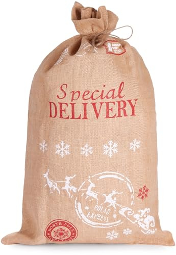 BRUBAKER Weihnachtssack Special Delivery Weihnachtsmann mit Schlitten - 80 cm Geschenksack Weihnachten - Nikolaussack Jutebeutel Sack mit Kordel zum Verpacken von Geschenken - Jutesack