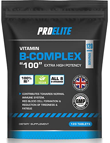 Vitamin B Complex - 120 High Strength Tablets - All 8 B Vitamins B1 - B2 - B3 - B5 - B6 - B12, Biotin, Folic Acid - Reduction of Tiredness & Fatigue PROELITE