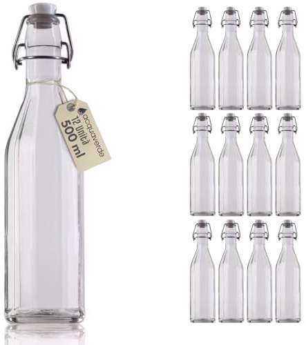 acquaverde | 12 Bottiglie in Vetro Costolata per Acqua - 500 ml, Bevande e Liquori, Design Vintage, Bottiglia Trasparente con Tappo Meccanico Ermetico