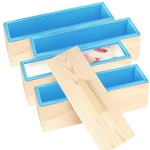 4 Pack Rectangular Silicone Soap Moulds, 42 oz with Wooden Boxes and Lids | Flexible Non-Stick Loaf Moulds for Soap Making, Candles, Cakes, Brownies and DIY Gifts