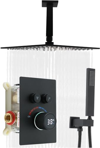 Delnet 10inch 4-Hole-Nozzle High-Pressure Rain Shower Set with 6inch(15cm) Shower Bar, Digital Temperature Display Shower Valve, Can Use 2 Functions at A Time, Black