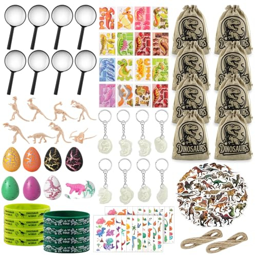 JTgugu Dino Mitgebsel Kindergeburtstag Set Dinosaurier Party Spielzeug Geburtstag Gastgeschenke mit Lupe Kordelzugbeutel Leuchtende Schlüsselanhänger Eier Skeleton für Kinder Junge Mädchen
