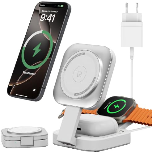 3 in 1 Wireless Charging Station for Apple Device, Foldable Wireless Charger Stand for Magsafe for iPhone 17/Air/16/15/14/13/12 Series, Apple Watch Series, AirPods pro/2/3/4(Adapter Included) (Silver)