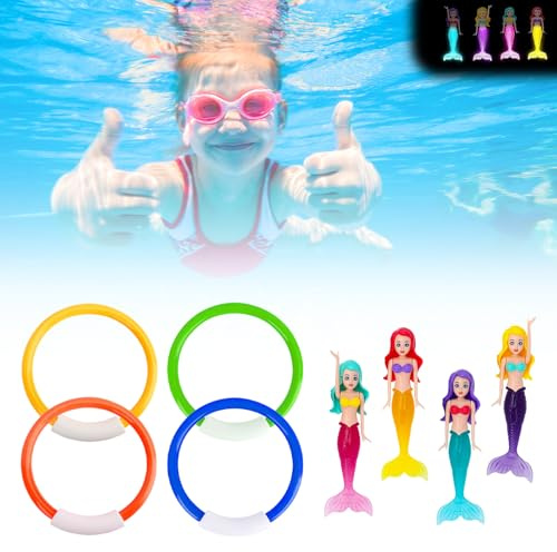 Shwdsy Set di Giocattoli Subacquei, Materiale PVC Giocattoli Anelli da Immersione, 4 Pezzi Sirenetta, 4 Pezzi Swim Thru Rings, per Piscine e Addestramento Subacqueo