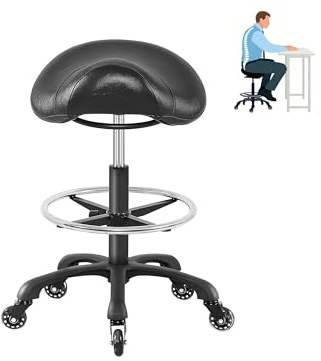 Coczeb Saddle Salon Stool with Footrest,Heavy Duty, Adjustable Height, Rolling Esthetician Chair for Tattoo Spa Medical Dentist Clinic (Black)