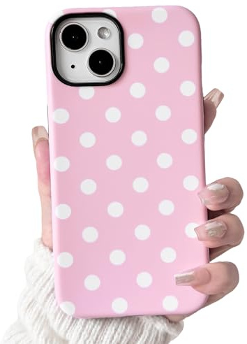 NITITOP Cover per iPhone 14 Plus / 15 Plus Polka Dots Design, Rosa | per Ragazze Femminile, Motivo Estetico Pois, Due Strati Antiurto Protezione, Retro PC Rigido Opaco Resistente