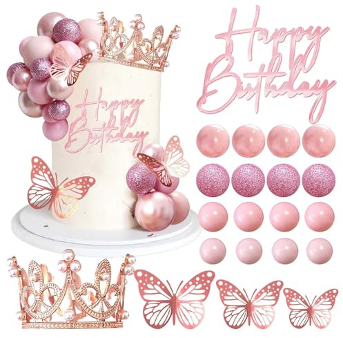 Elegant Crown Cake Topper Set with Golden Birthday Decorations, Butterfly Accents & Princess Crown for Women's Wedding Party Cake Decorations (Rose Gold)