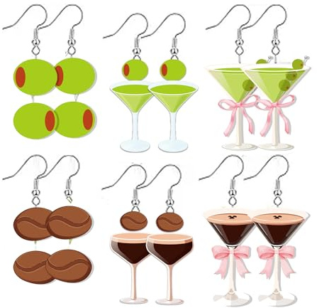 Whaline 6 Pairs Martini Acrylic Earrings Olive Coffee Bean Pink Bow Cocktail Dangle Drop Earrings for Women Jewelry Party Accessories Supplies