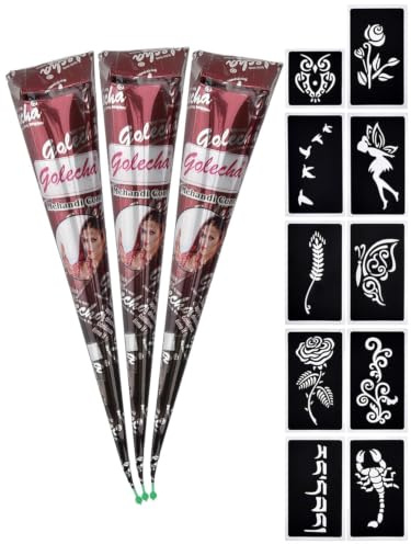 eLander 3x Temporäre Tattoo Natürliche + 10x Henna Tattoo Schablone,Temporäre Mehndi Tattoos, Natürliche Kegel, Temporäre Tätowierung, Tattoo sticker (Braun)