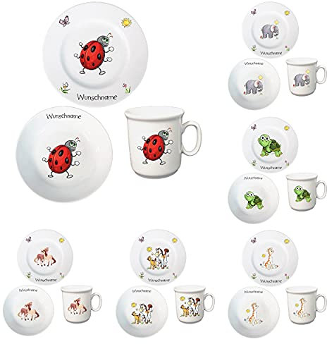 Kindergeschirr personalisiert - Frühstücksservice 3-tlg. Porzellan Teller Becher Schale personalisierbar mit Wunschname Name Frühstücksset mit Namen personalisiert (Marienkäfer)