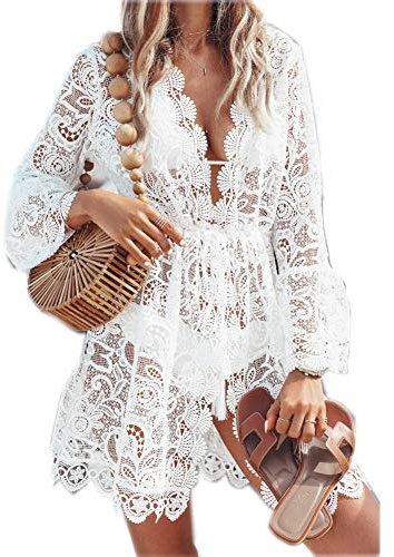 Vestido de Playa Mujer Pareos y Camisola Sexy Hueco Bikini Cover up Suelto de Manga Larga Ropa Traje de Baño Punto de Encaje con Cuello en V Blanco S