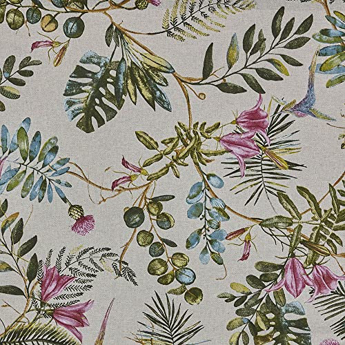 Kt KILOtela - Tela de loneta Estampada Half panamá - Decoración, tapizar, Cortinas, Cojines - Ancho 280 cm - Largo a elección de 50 en 50 cm | Colibrí, Floral - Fucsia, Azul, Verde