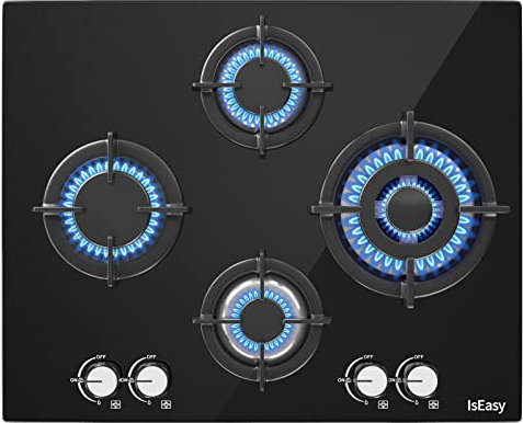 Gaskochfeld 4 Flammig, IsEasy Glas Gaskochfeld mit Automatischer Thermoelementschutz, Erdgas(20mbr)/Propangas(30&50mbr), Einbau 4 Zonen Glas Gaskochfeld, Schwarz Glasherd, 64cm, 8750W, 220-240V