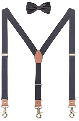 WANYING 2,5 cm hängslen Fliege-set för damer herrar | Y-form Retro PU-läder Hummer-slutning hängslen Elastisk Justerbar för kroppslängd 150-200 cm Enfärgad, Enfärgad svart, für Körpergröße 150-200cm