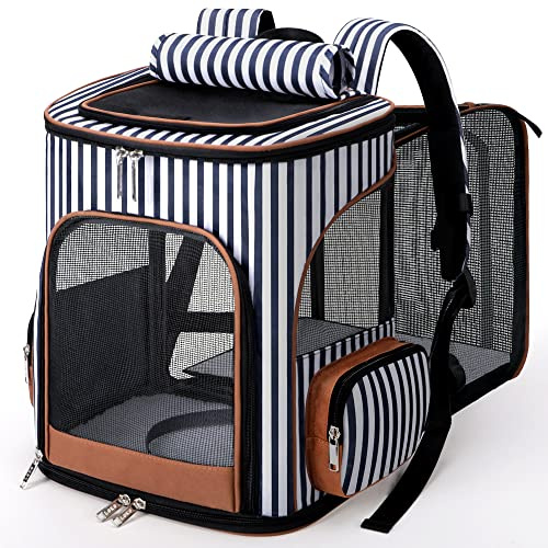 Lekesky Sac à dos, extensible, pour chat et chien, porte jusqu’à 10 kg, grand, pliable, avec laisse de sécurité intérieure et 2 tapis pour animaux de compagnie, rayé