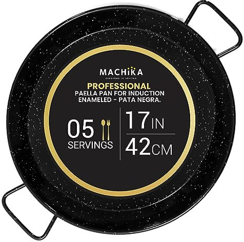 Machika Paellera antiadherente de acero esmaltado, 17 pulgadas, compatible con inducción, 5 porciones, ideal para restaurantes, catering, eventos