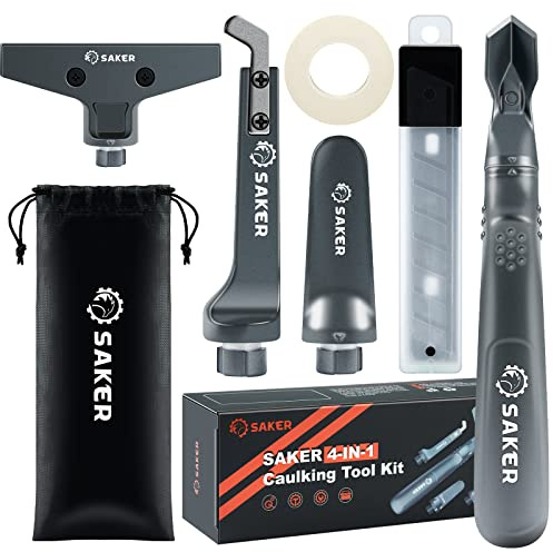 Saker Caulking Tool Kit-Aluminum 4 in 1 Sealant Finishing Tool Grout Remove Scraper Caulk Remover Glass Glue Angle Scraper for Bathroom,Kitchen,Floor,Window,Sink Joint,Frames Seal Silver