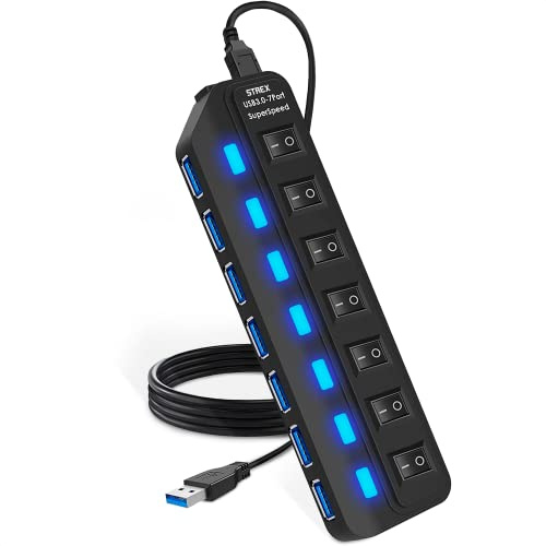 Strex USB 3.0 Hub 7 Ports - USB Splitter - USB Verteiler - 5Gbps - LED-Anzeige - EIN/Aus-Schalter - 100CM Kabel