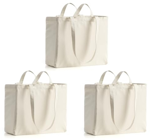 LINICE Canvas Tote Bag Reusable Grocery Bags with Long Shoulder Strap and Short Handle Foldable Heavy Duty Washable (3 Pack)