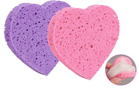 zalati Esponjas faciales reutilizables en forma de corazón, 2 unidades, almohadillas de limpieza faciales para quitar maquillaje, color rosa y morado