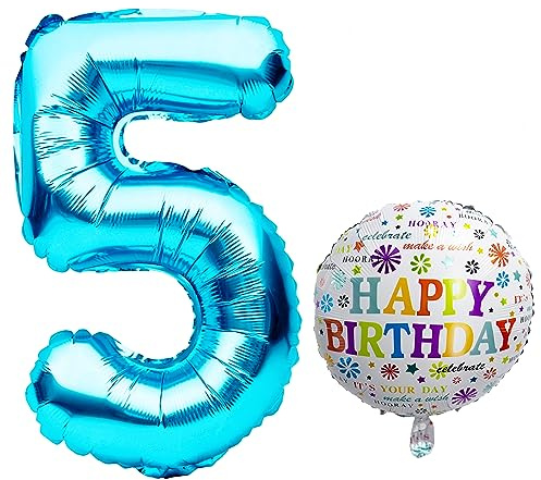 Luftballon 5. Geburtstag • XXL Riesen Folienballon SET • 101CM + 45 CM Ballon + 5M Deko Band • Folienballon 5 • Helium geeignet • Wiederverwendbar • Geburtstagsdeko Jungen Mädchen Ballon Zahl Ballon 5