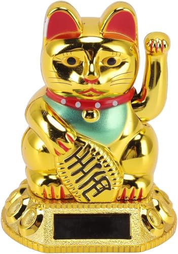 Asixxsix Chat Porte-Bonheur, Chat de Fortune à énergie Solaire 3,15 Pouces Richesse Maneki Neko Feng Shui Décor de Chat Ondulant pour Les Maisons, Les Restaurants, Les Hôtels (Doré)