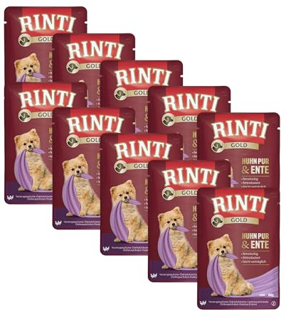 Rinti Gold Mini kyckling ren & anka | 10 x 100 g | Helfoder för vuxna små hundar | Kyckling och anka för känsliga hundar för allergier | I en fräsch påse